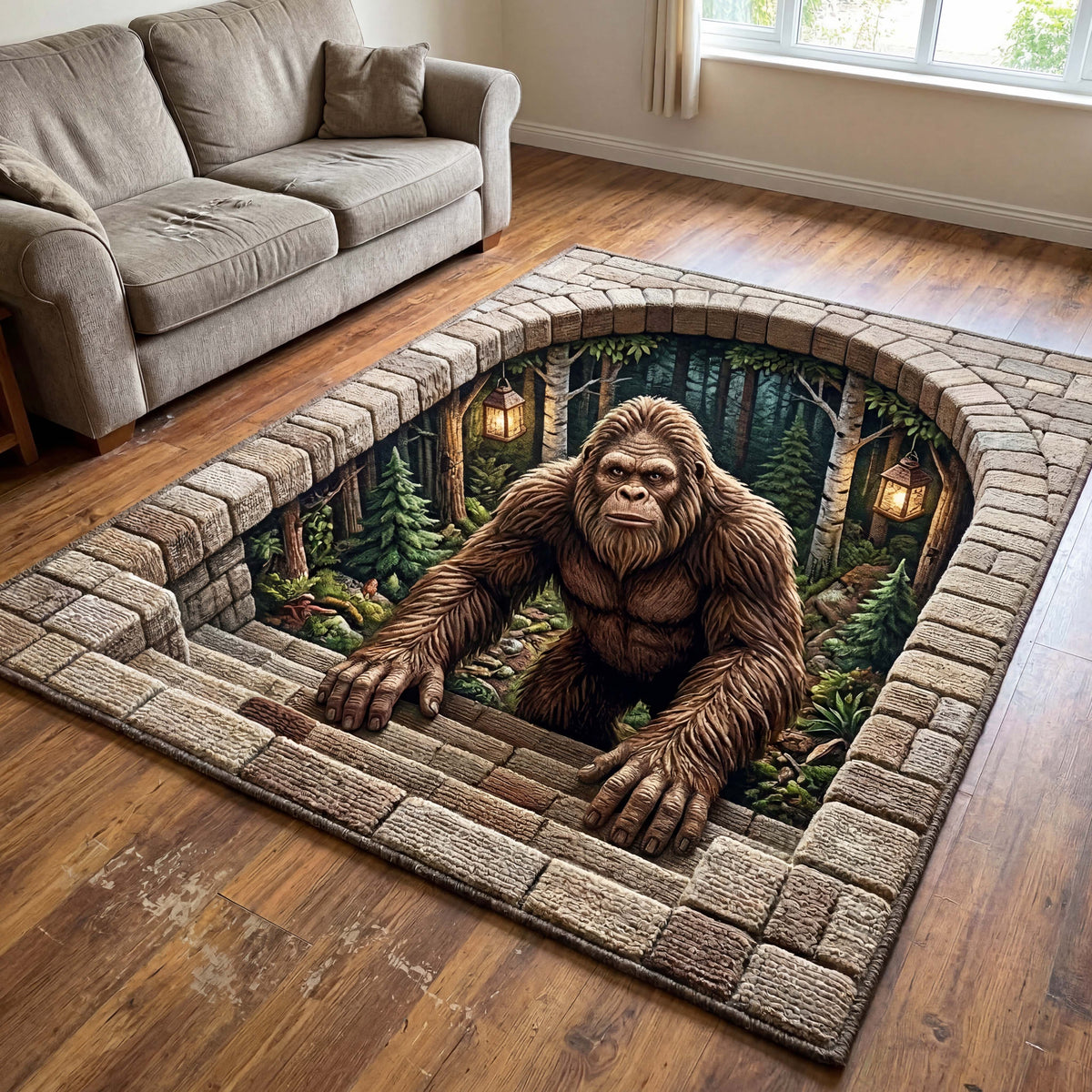 Lantern Beast area rug in a living room