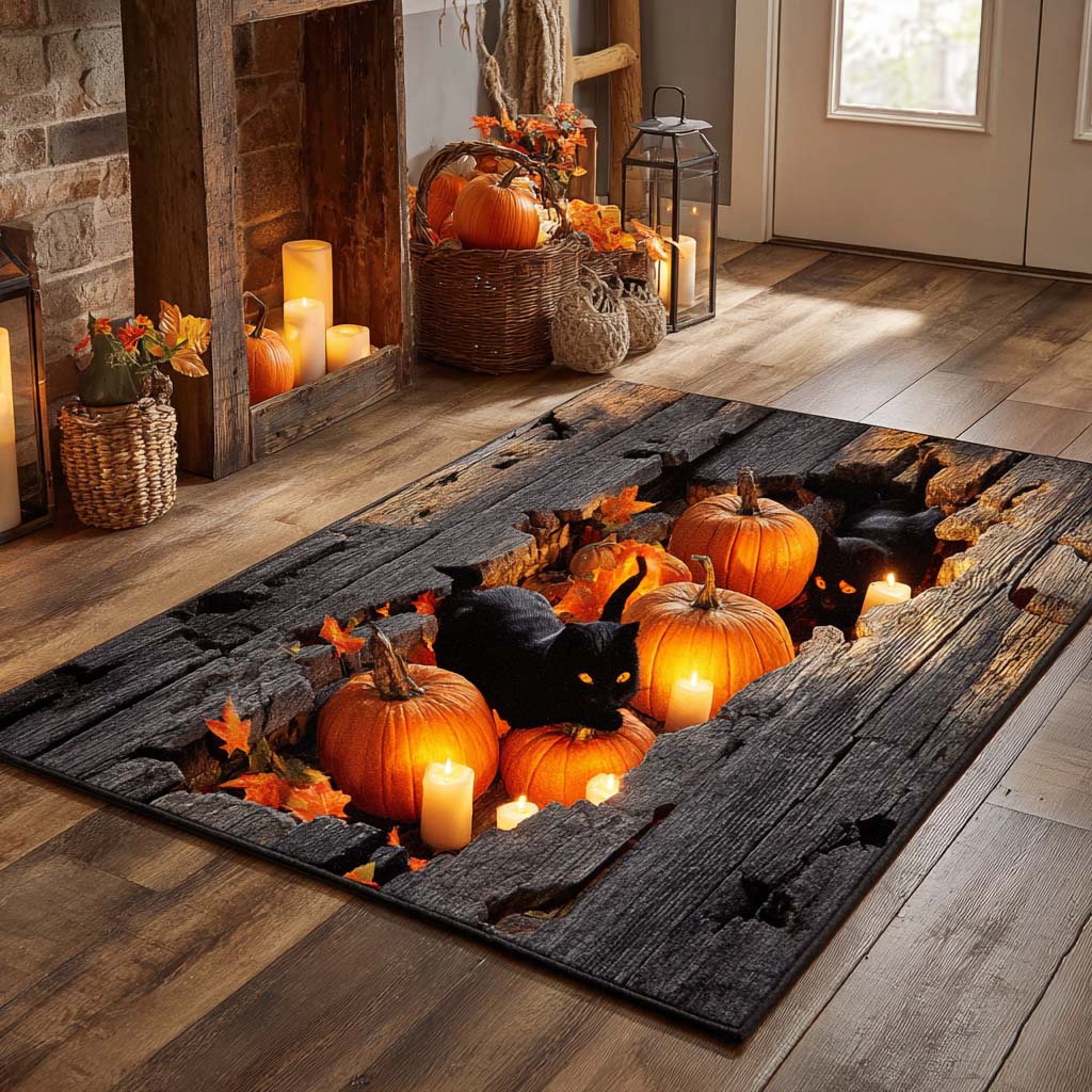 Lantern Cat Patch area rug in a living room