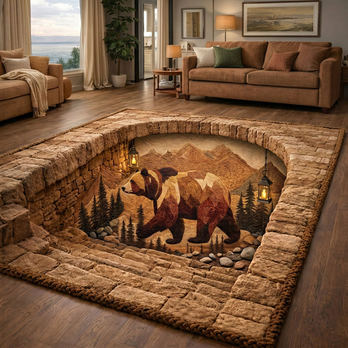 Lantern Cave Bear area rug in a living room