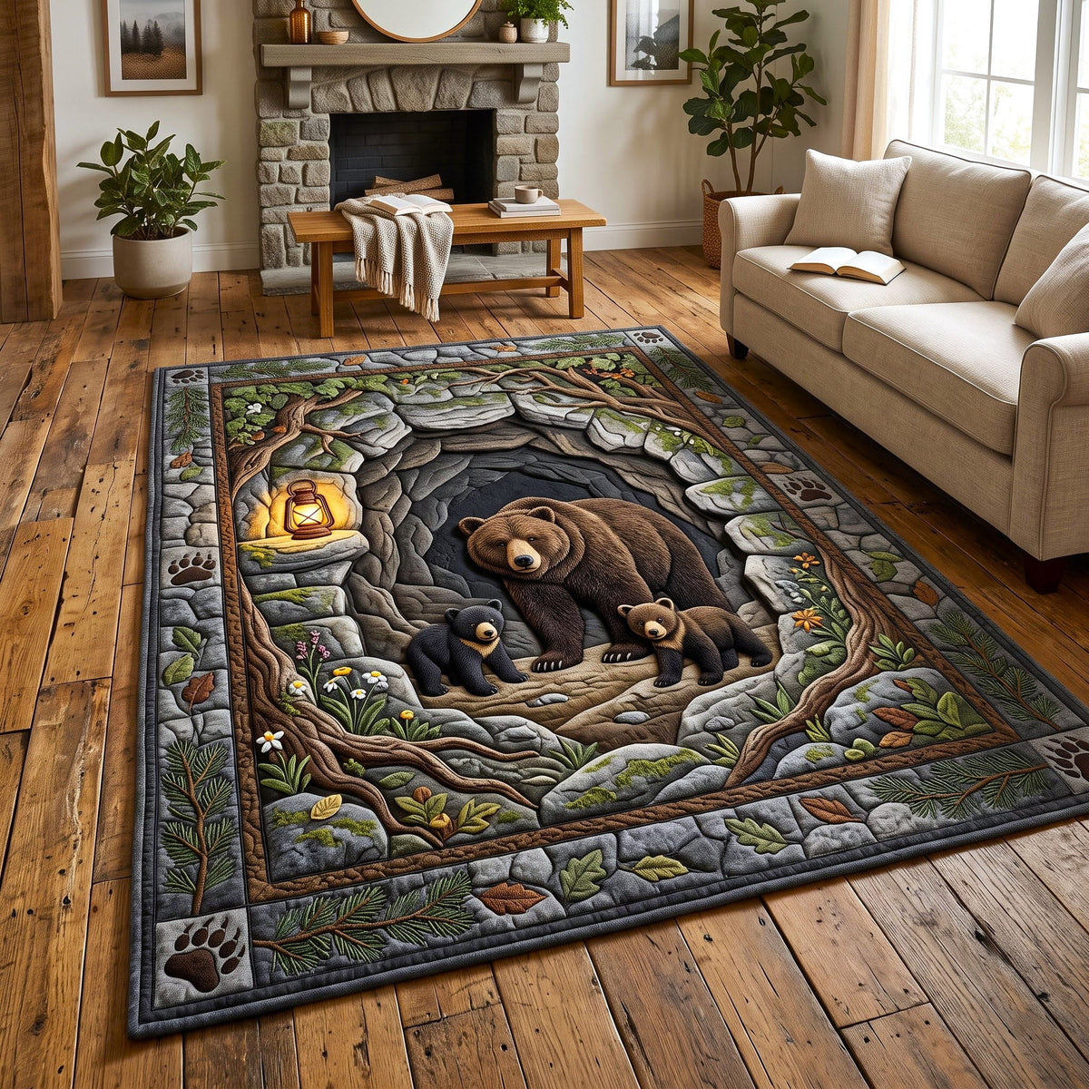 Lantern Cave Rustic Bear area rug in a living room