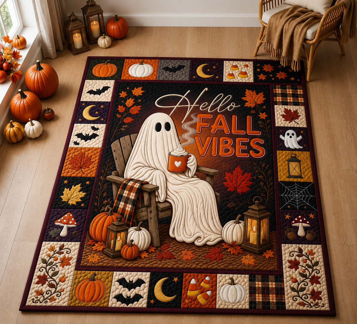 Lantern Fall Ghost area rug in a living room