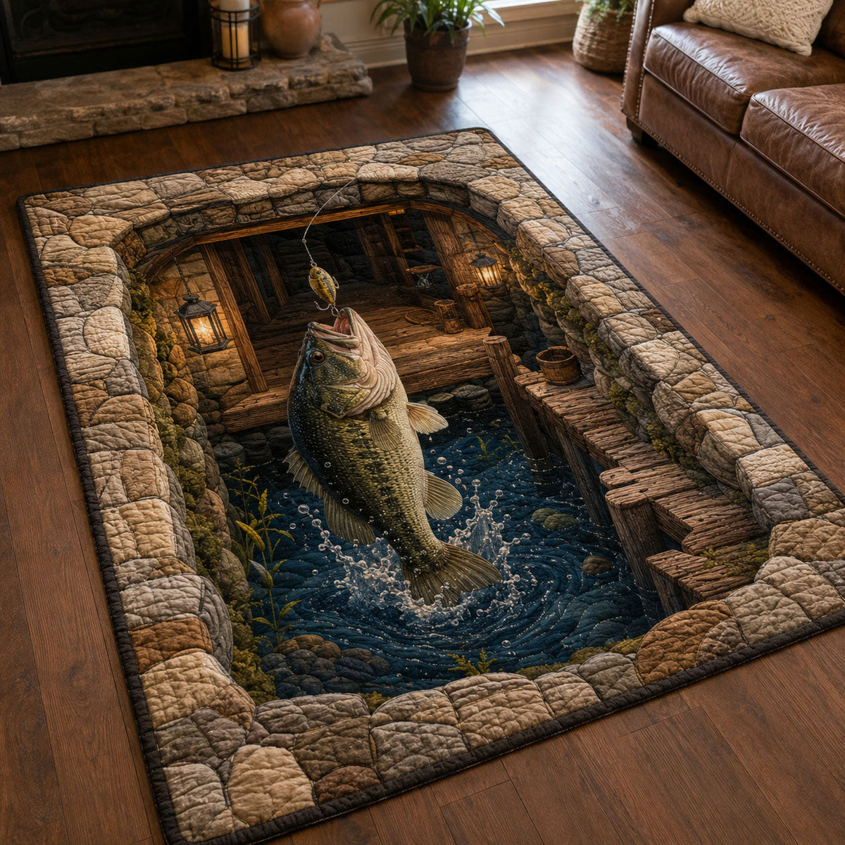 Lantern Pier Bass Jump area rug in a living room
