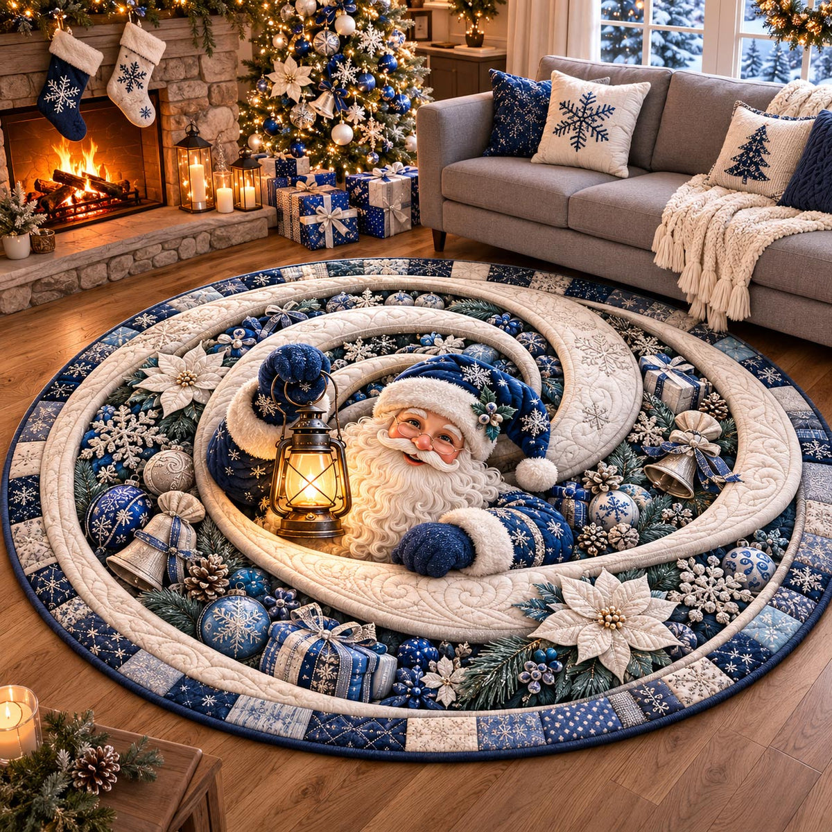 Lantern Santa Spiral Round Mat Rug - Seasonal Design | Festive Home Decor - washable non-slip printed rug