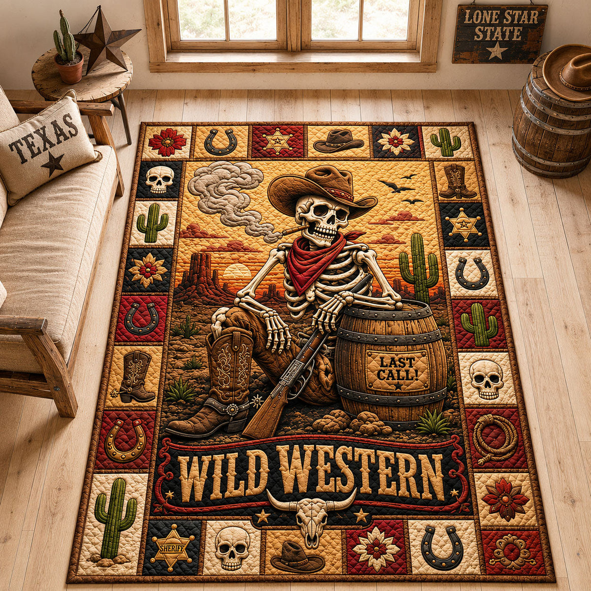 Last Call Skeleton Cowboy area rug in a living room