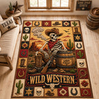 Last Call Skeleton Cowboy area rug in a living room
