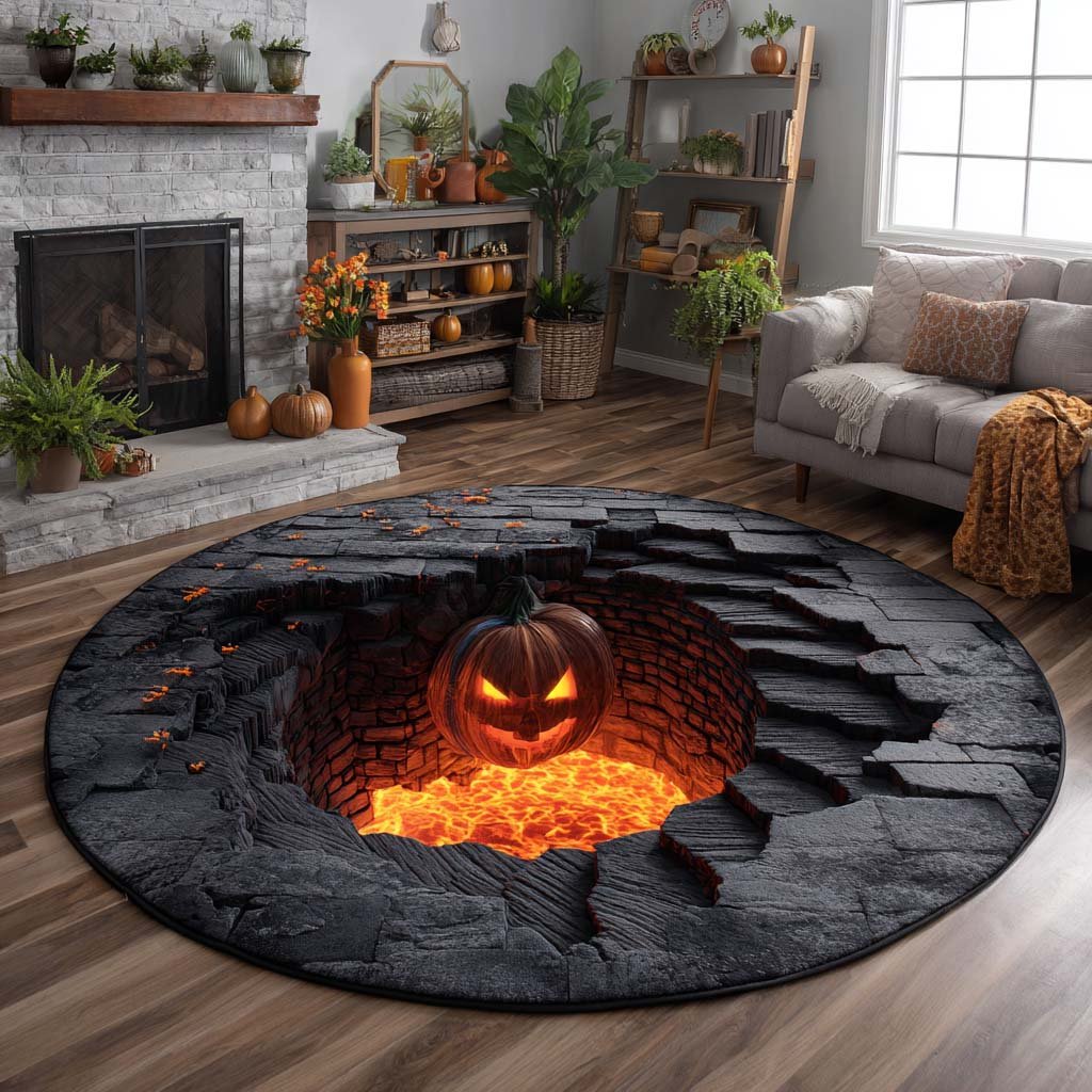Lava Pit Pumpkin Halloween Round Mat Rug - washable non-slip printed rug