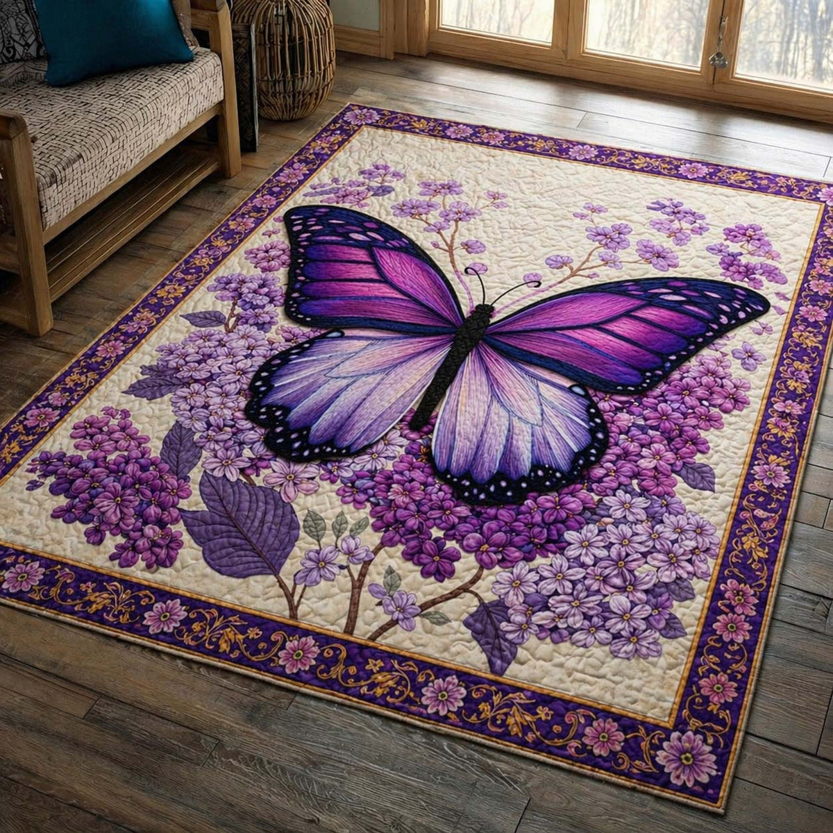Lavender Butterfly Dream area rug in a living room