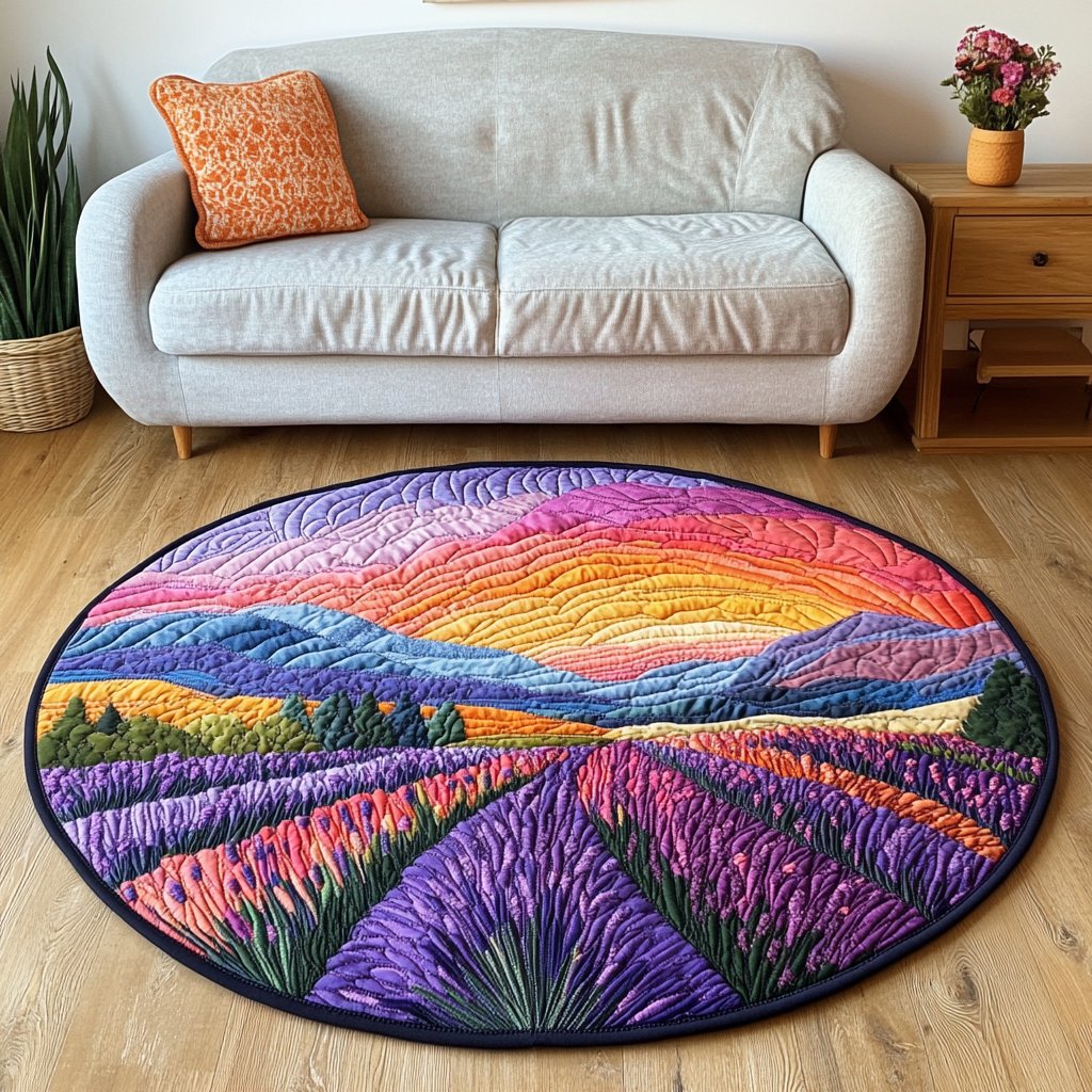 Lavender Fields Round Mat Rug - washable non-slip printed rug