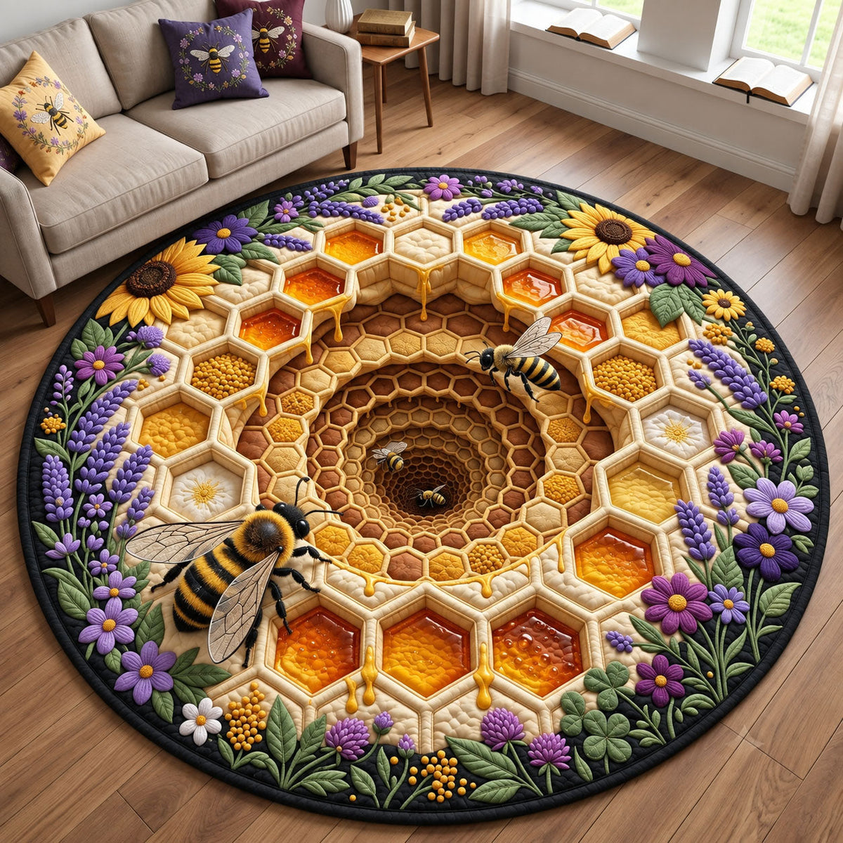 Lavender Honeycomb Round Mat Rug - Nature Design | Serene Home Decor - washable non-slip printed rug