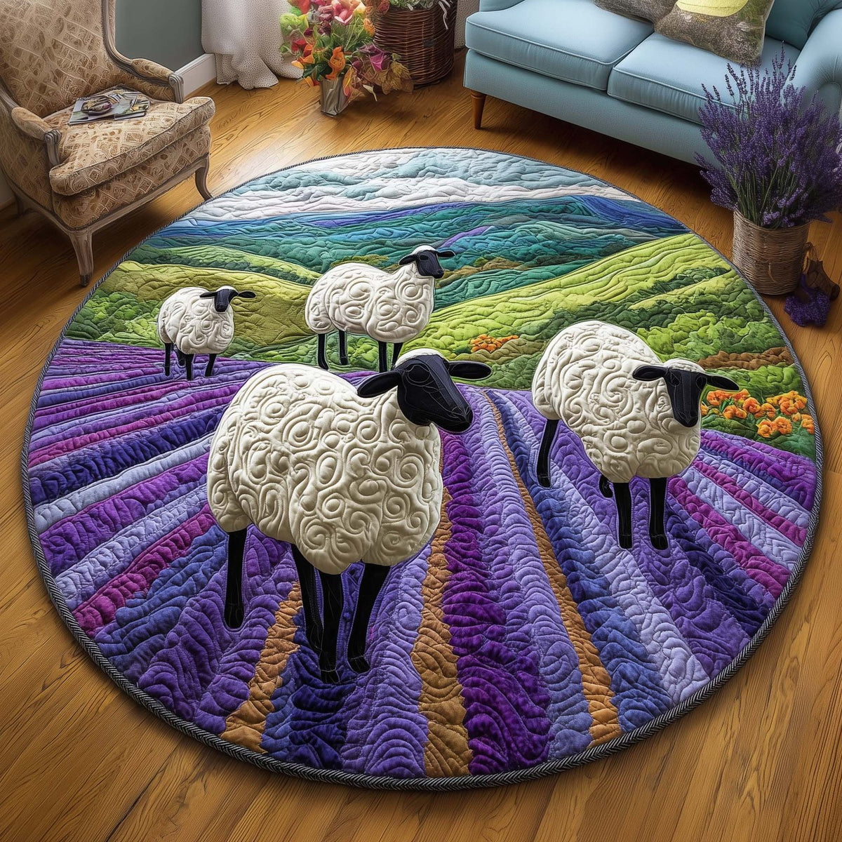Lavender Meadow Round Mat Rug - washable non-slip printed rug