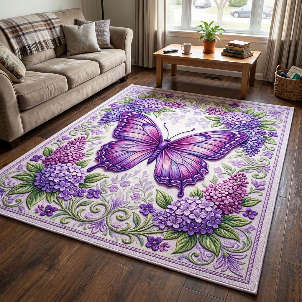 Lavender Wings area rug in a living room