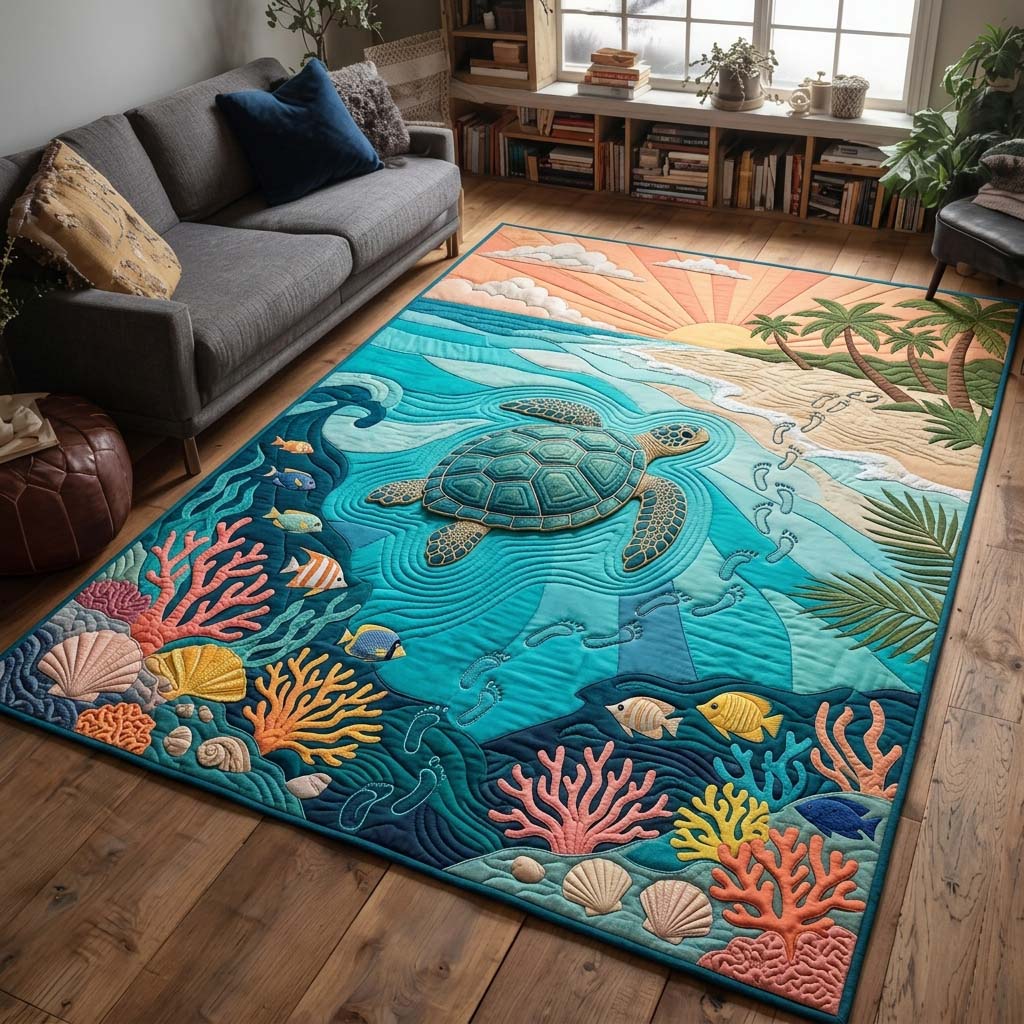 Layered Turtle Lagoon area rug in a living room