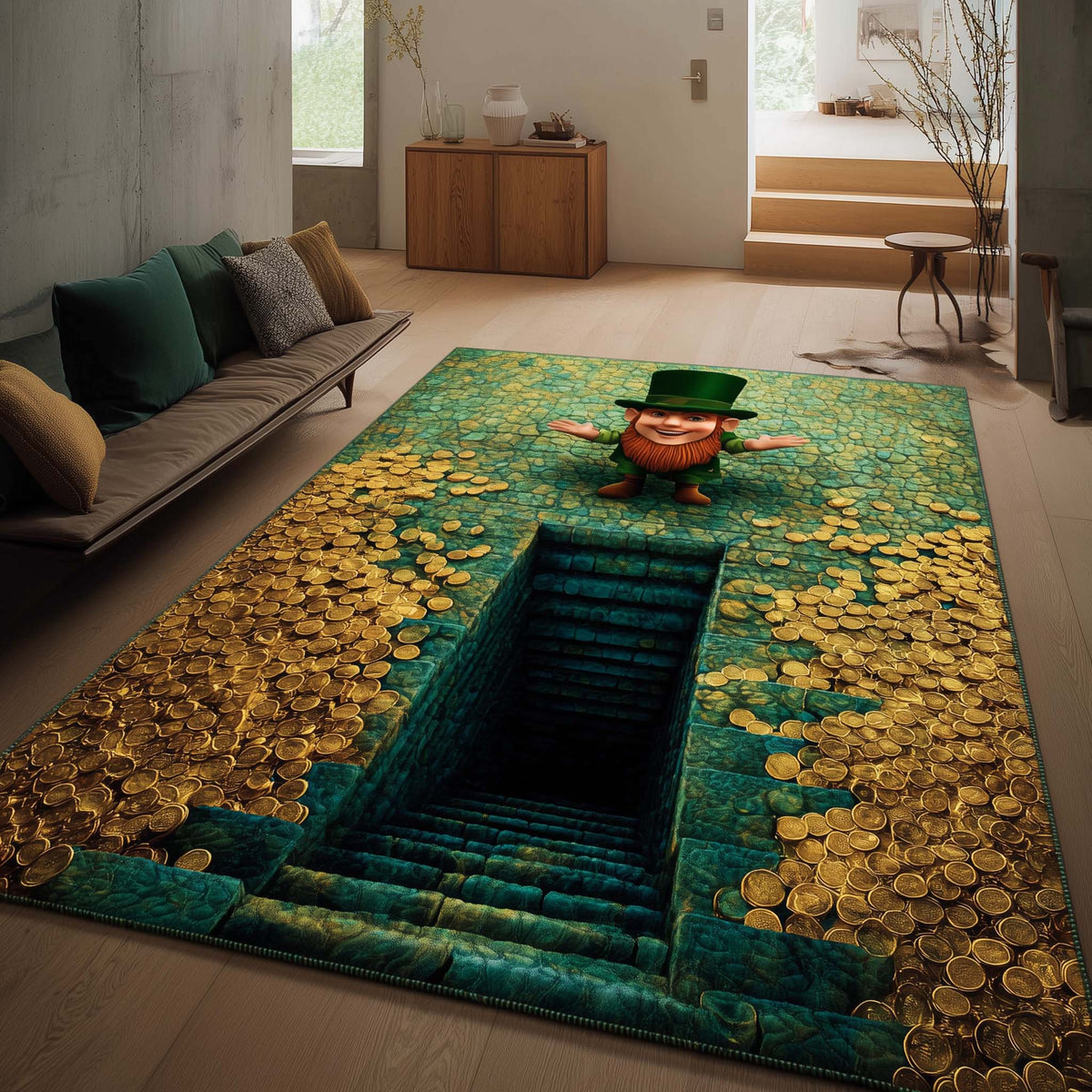 Leprechaun Gold Vault area rug in a living room