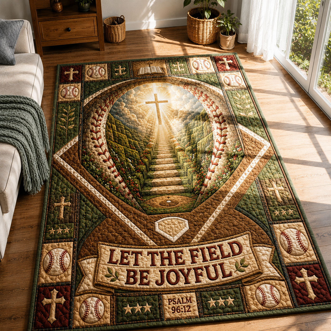 Let The Field Be Joyful Baseball Faith area rug in a living room