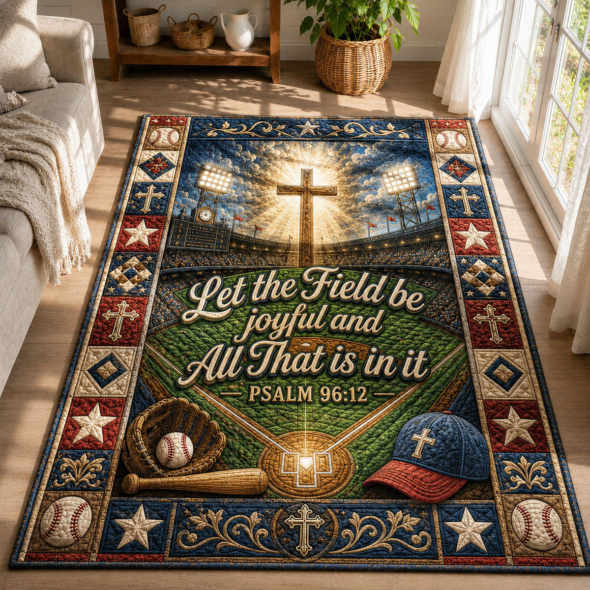 Let The Field Be Joyful Christian area rug in a living room