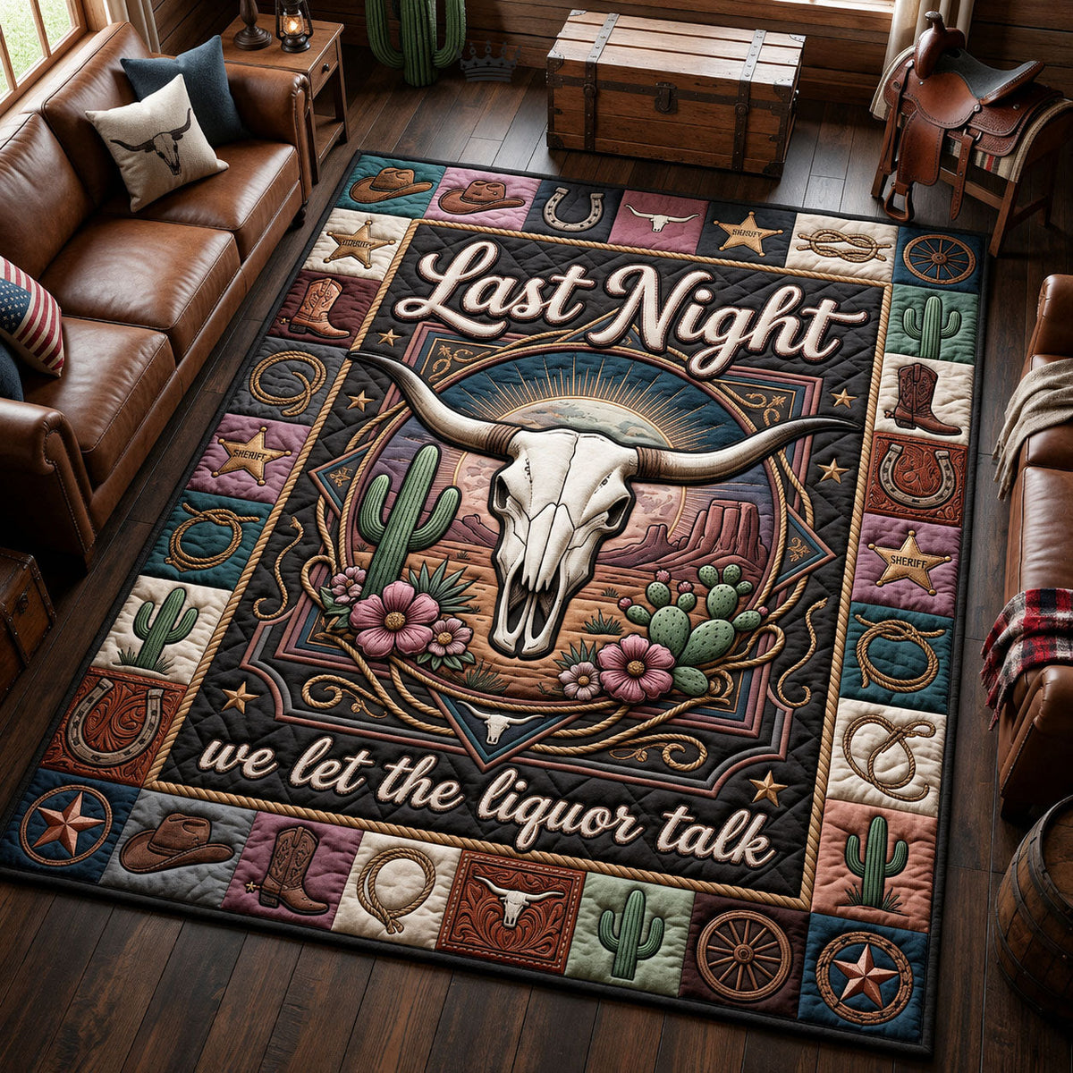 Let The Liquor Talk area rug in a living room