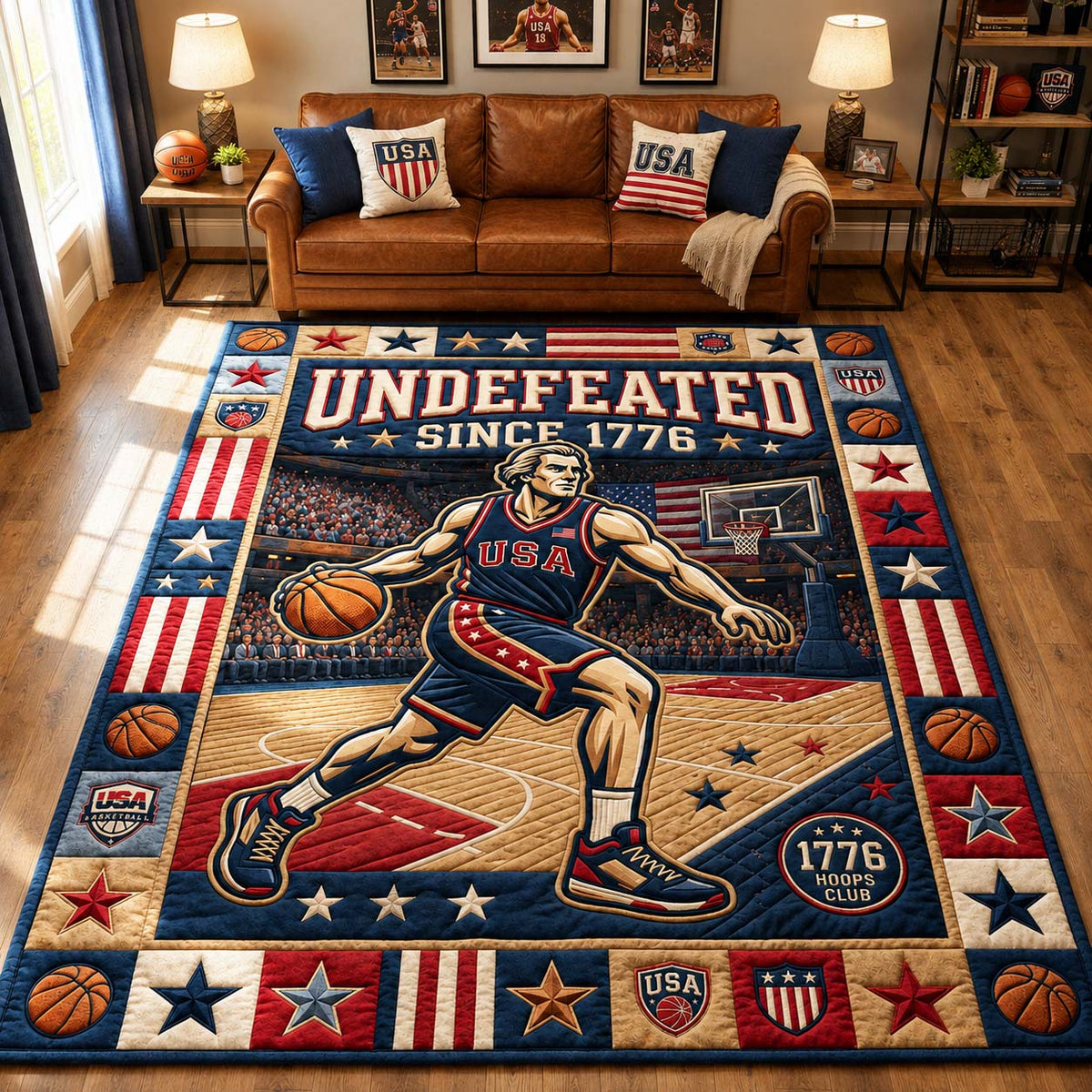 Liberty Basketball Star area rug in a living room