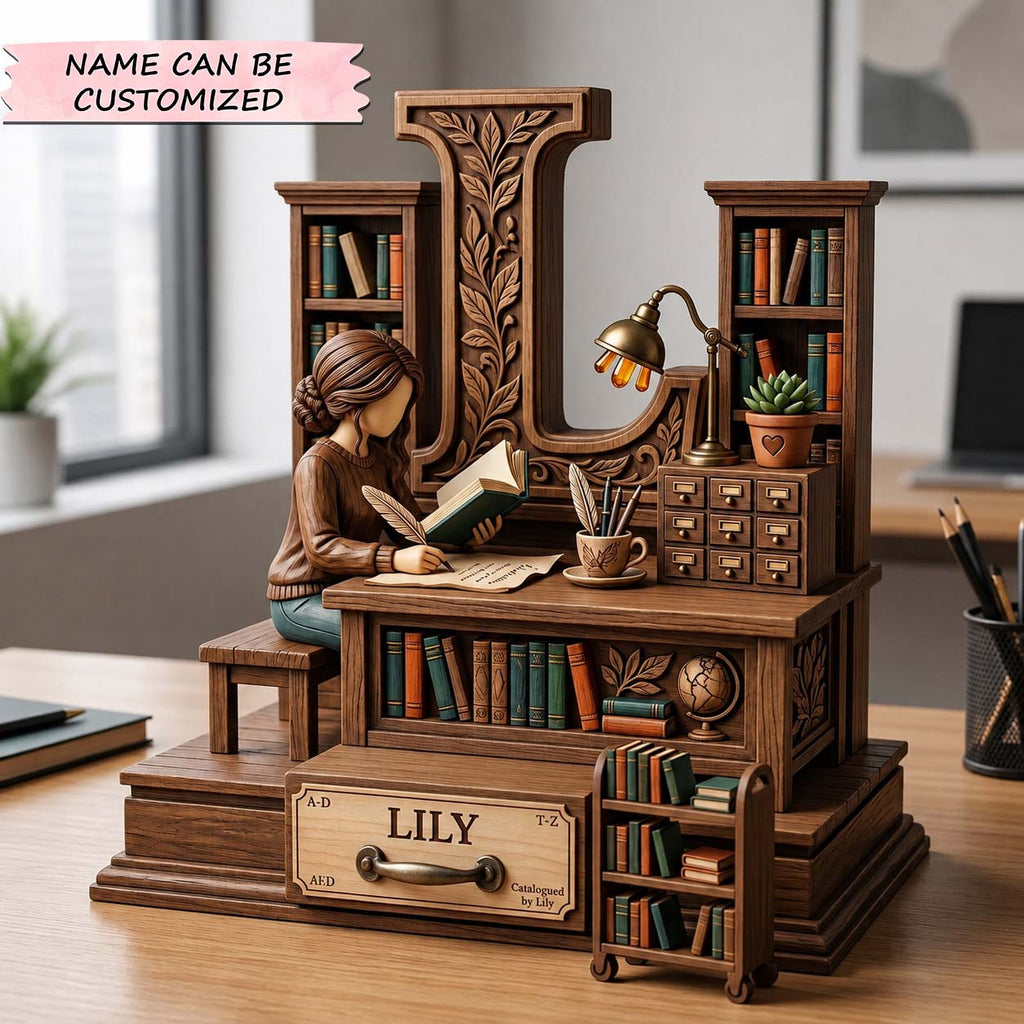 Librarian’s Cozy Desk wooden block, laser-cut 3-layer wood