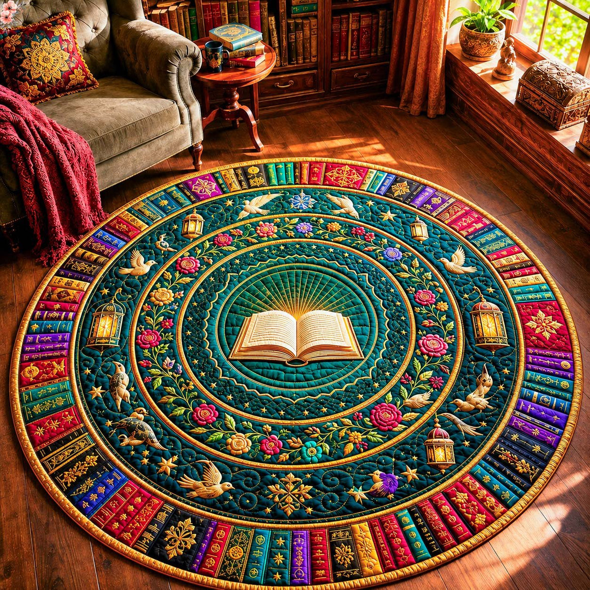 Library Bloom Round Mat Rug - washable non-slip printed rug