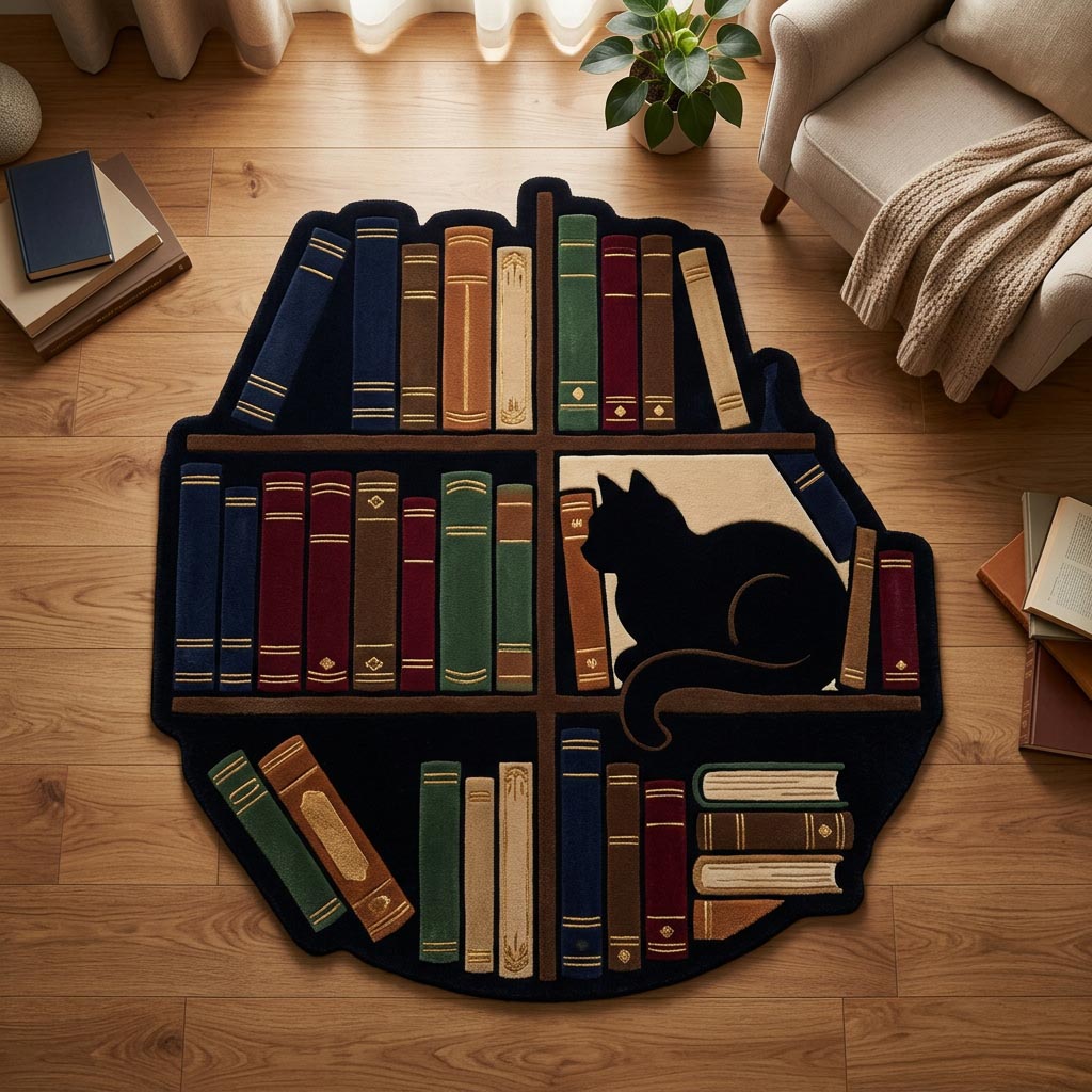 Library Cat Custom Shape Area Rug - Cute Animal Design | Die-Cut Non-Slip Rug - washable non-slip printed rug