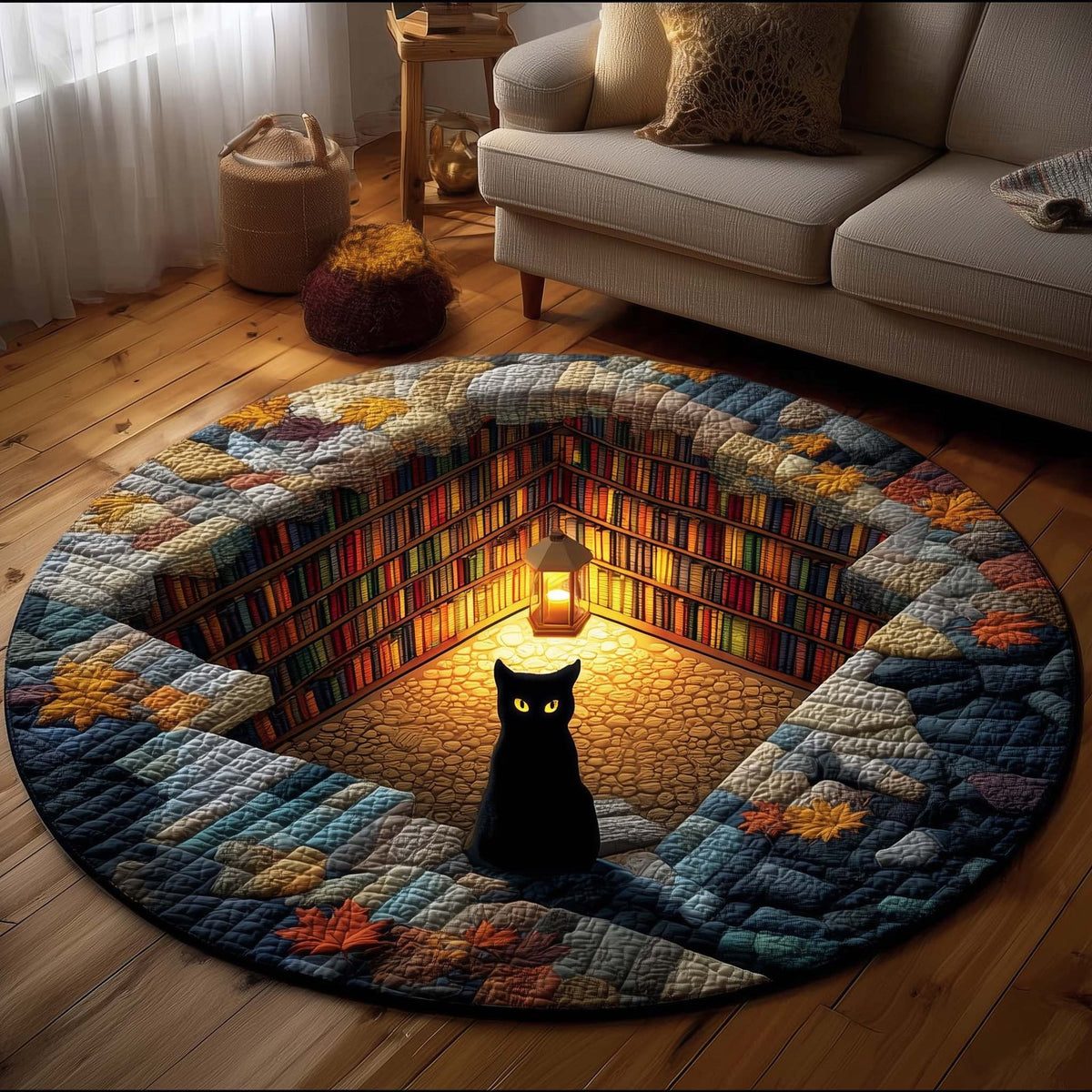 Library Cat Round Mat Rug - washable non-slip printed rug