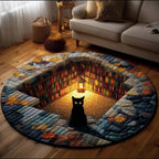 Library Cat Round Mat Rug - washable non-slip printed rug