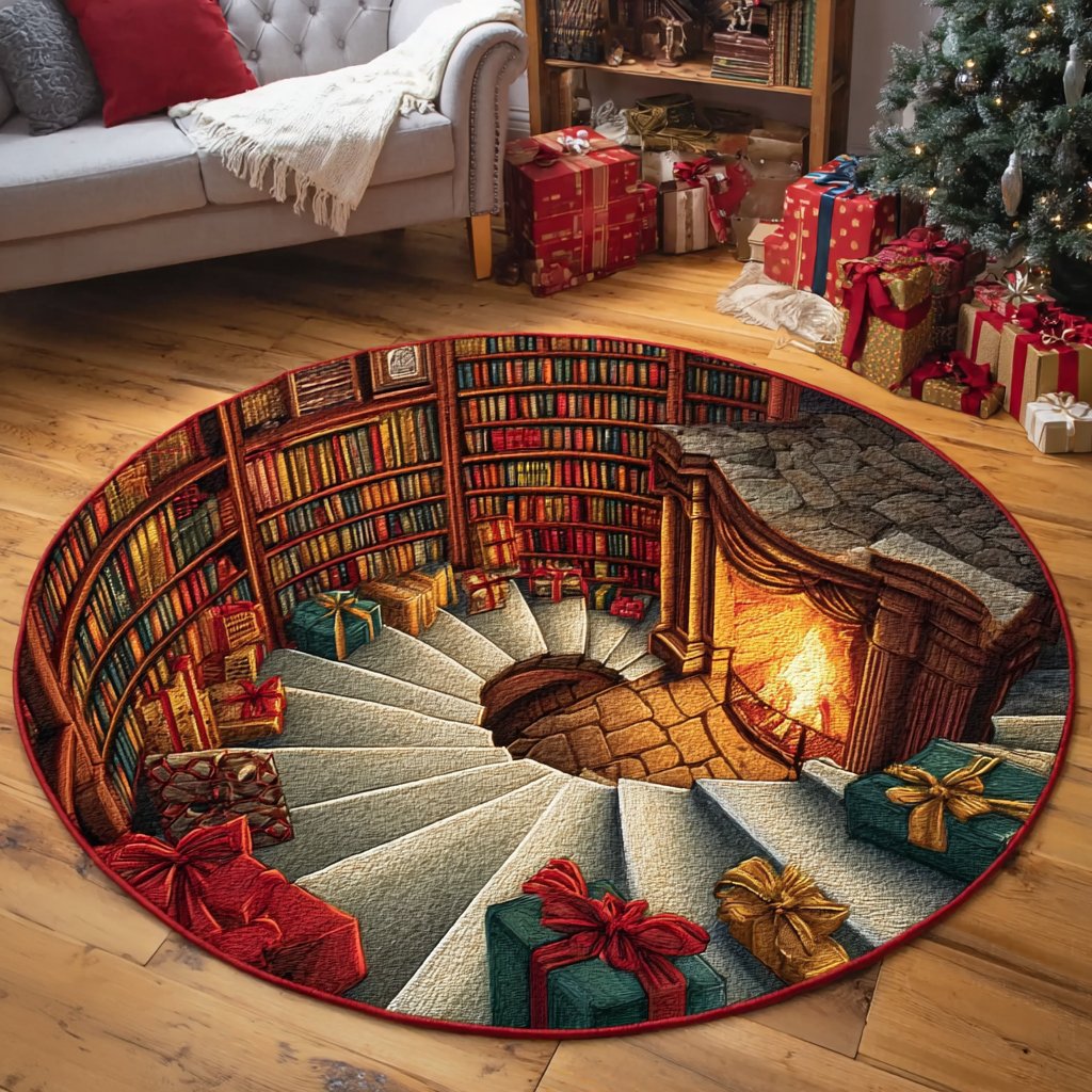 Library Depth Round Mat Rug - washable non-slip printed rug