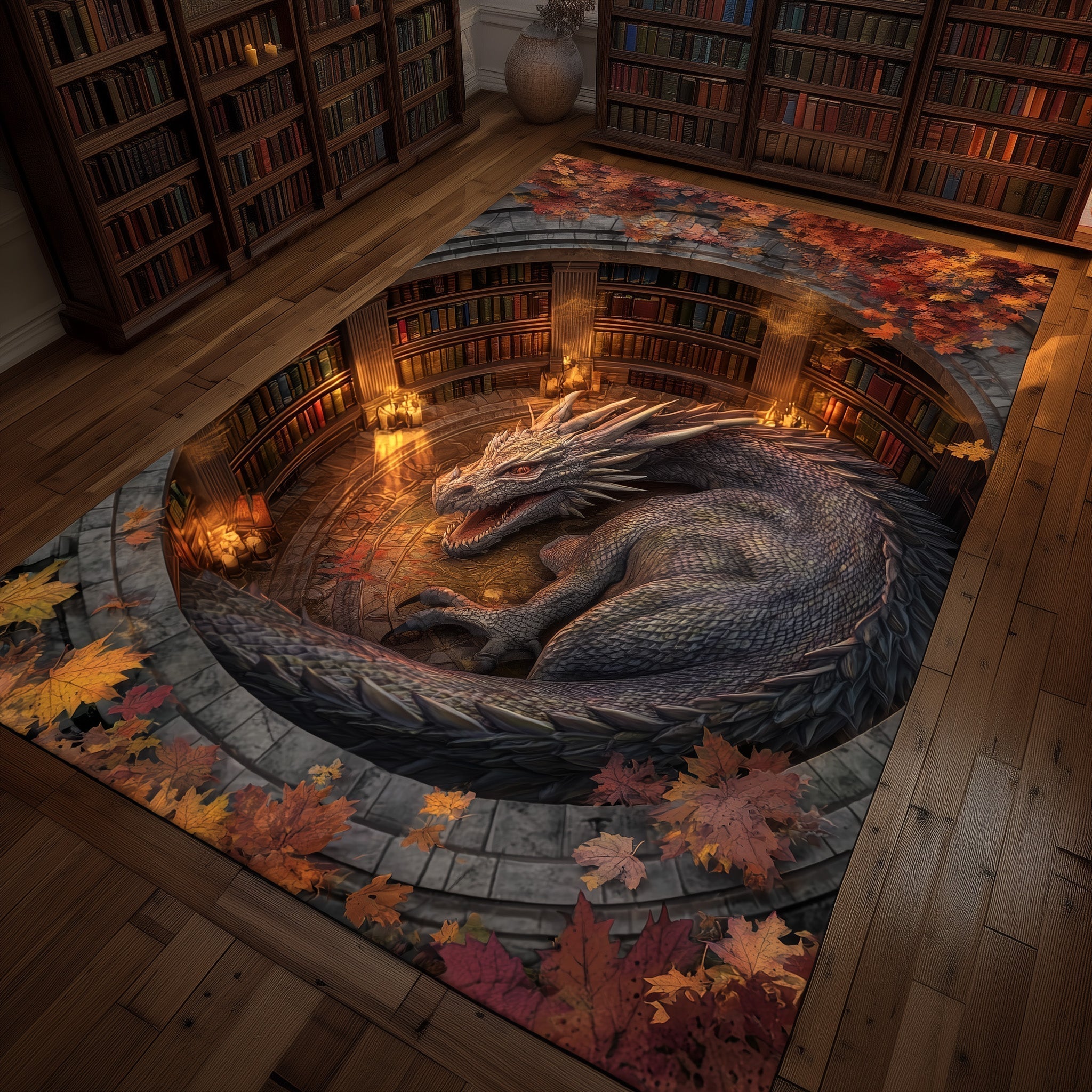 Library Dragon area rug in a living room