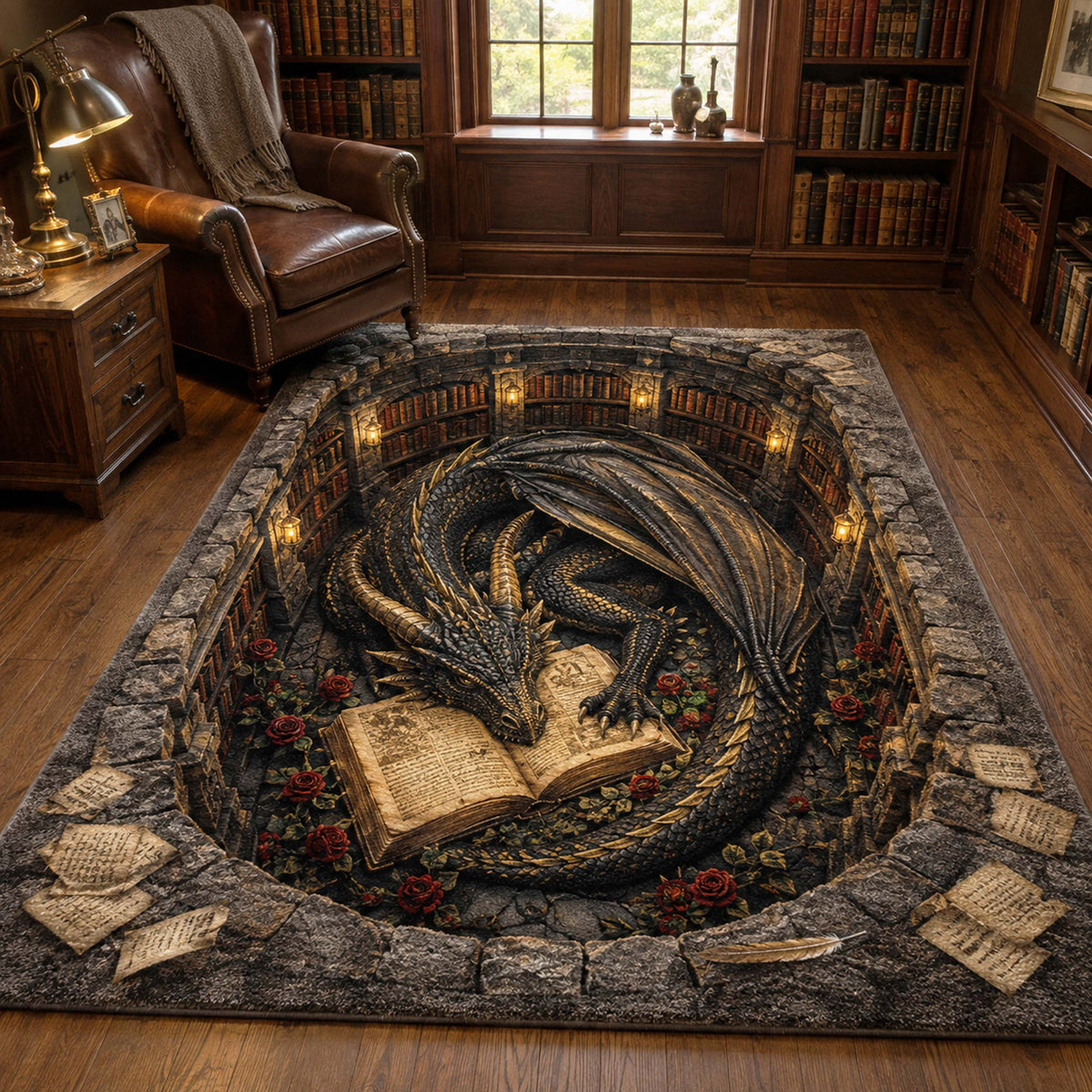 Library Dragon area rug in a living room