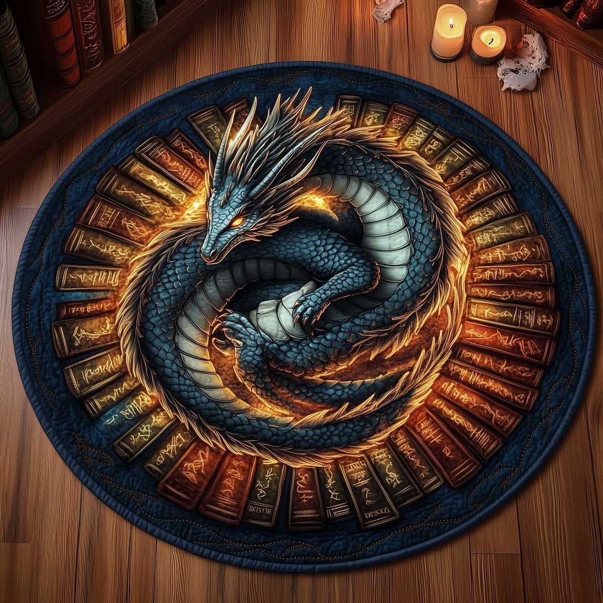 Library Dragon Round Mat Rug - washable non-slip printed rug