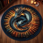 Library Dragon Round Mat Rug - washable non-slip printed rug