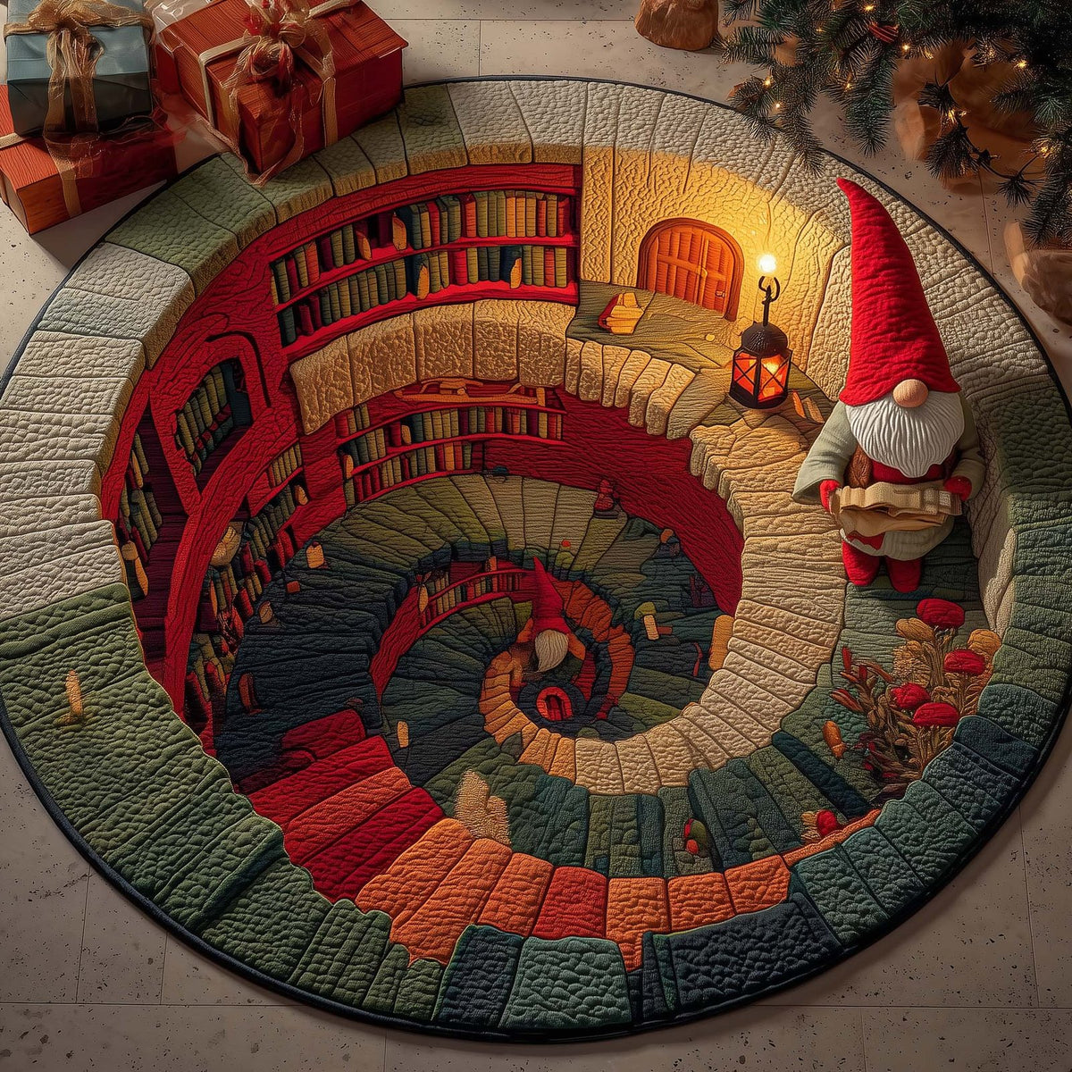 Library Gnome Round Mat Rug - washable non-slip printed rug