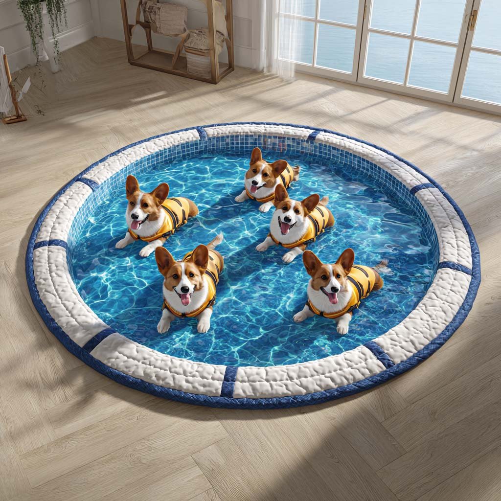 Life-Vest Corgi Round Mat Rug - Cute Pet Design | Animal Printed Home Decor
