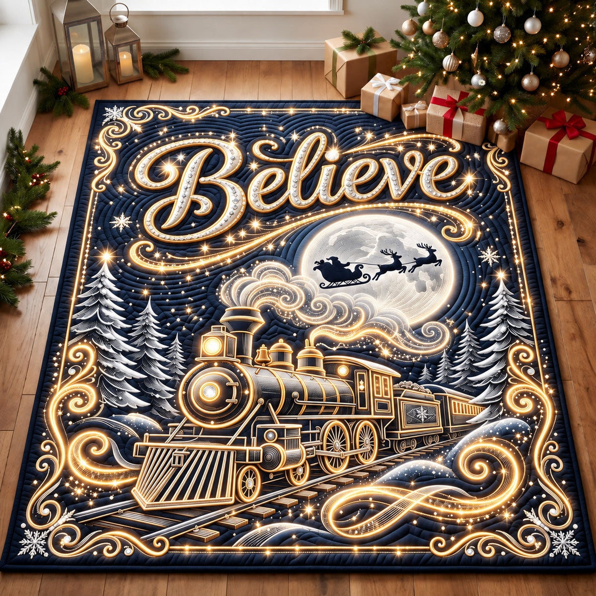 Light Believe Train area rug in a living room