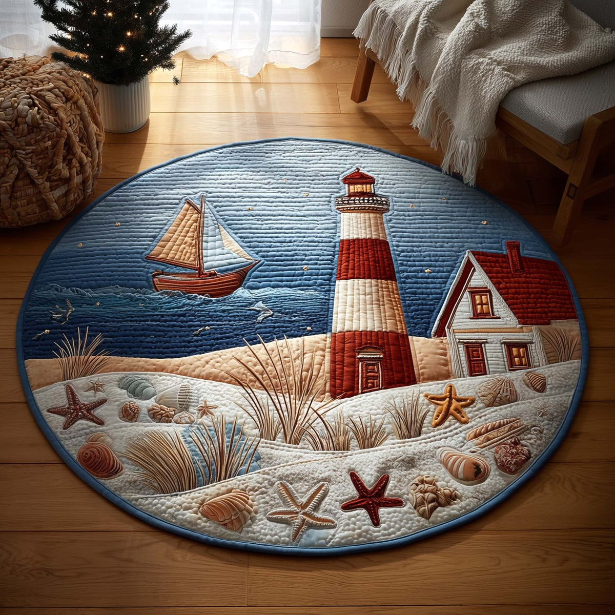 Lighthouse Sail Round Mat Rug - washable non-slip printed rug