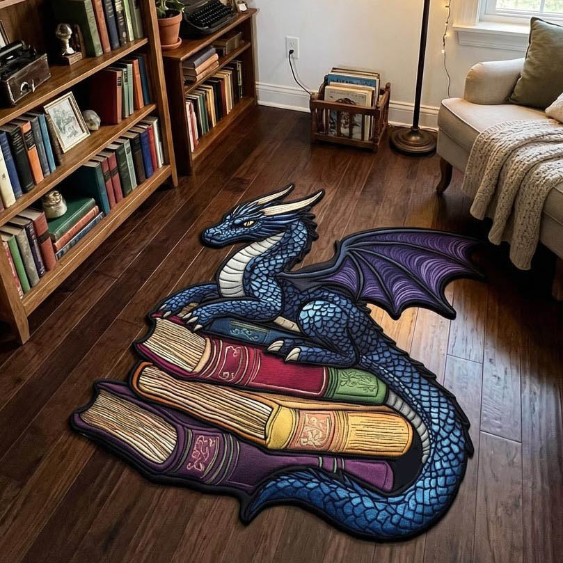 Literary Dragon Custom Shape Area Rug - Cute Animal Design | Die-Cut Non-Slip Rug - washable non-slip printed rug