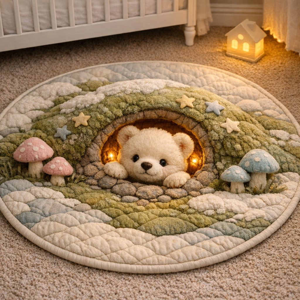 Little Star Bear (Design 1) Round Mat Rug - Nursery Design | Gentle Home Decor - washable non-slip printed rug