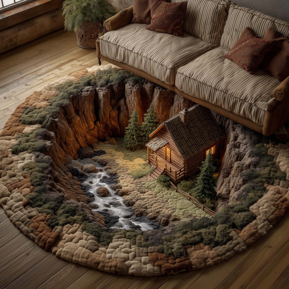 Log Cabin (Design 5) Round Mat Rug - washable non-slip printed rug