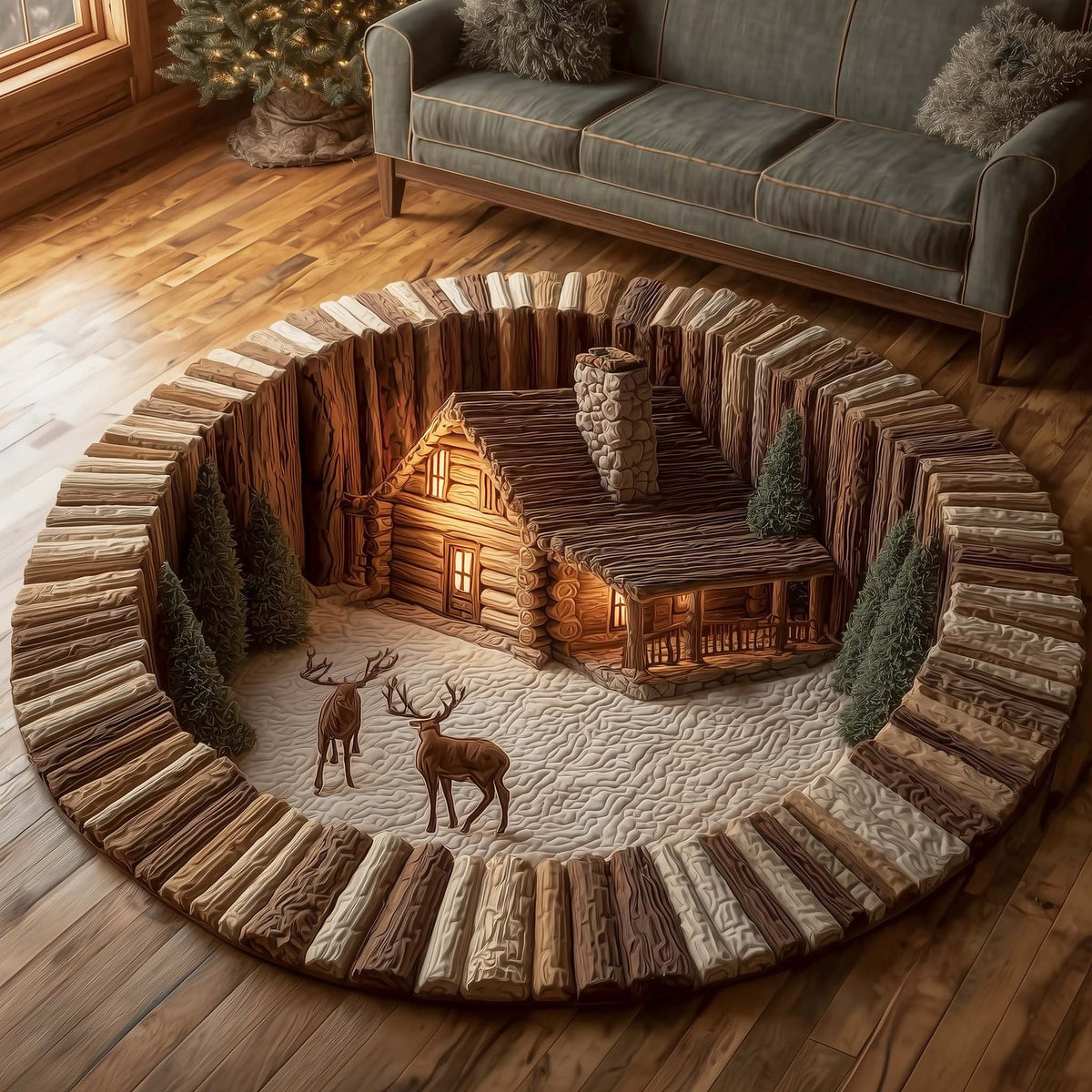 Log Cabin Round Mat Rug - Nature Design | Serene Home Decor