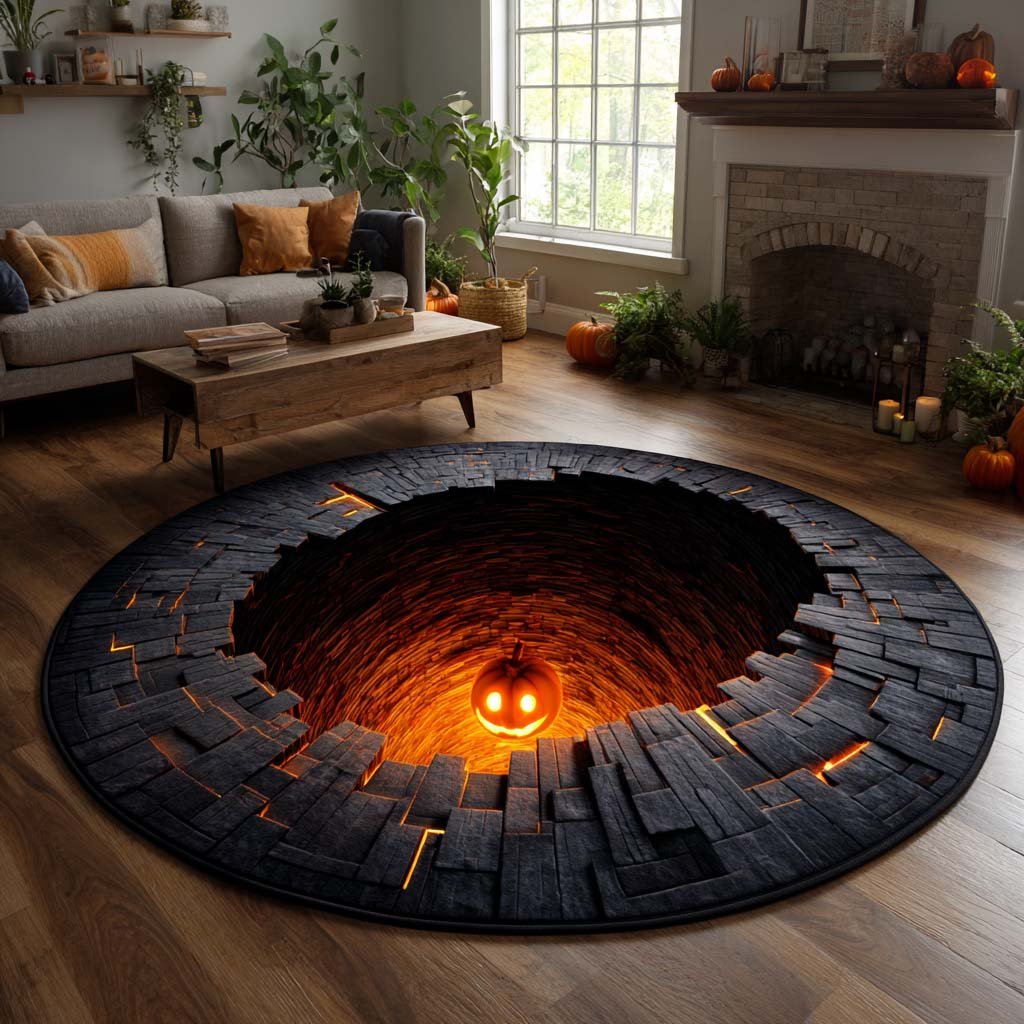 Lonely Pumpkin Abyss Halloween Round Mat Rug - washable non-slip printed rug