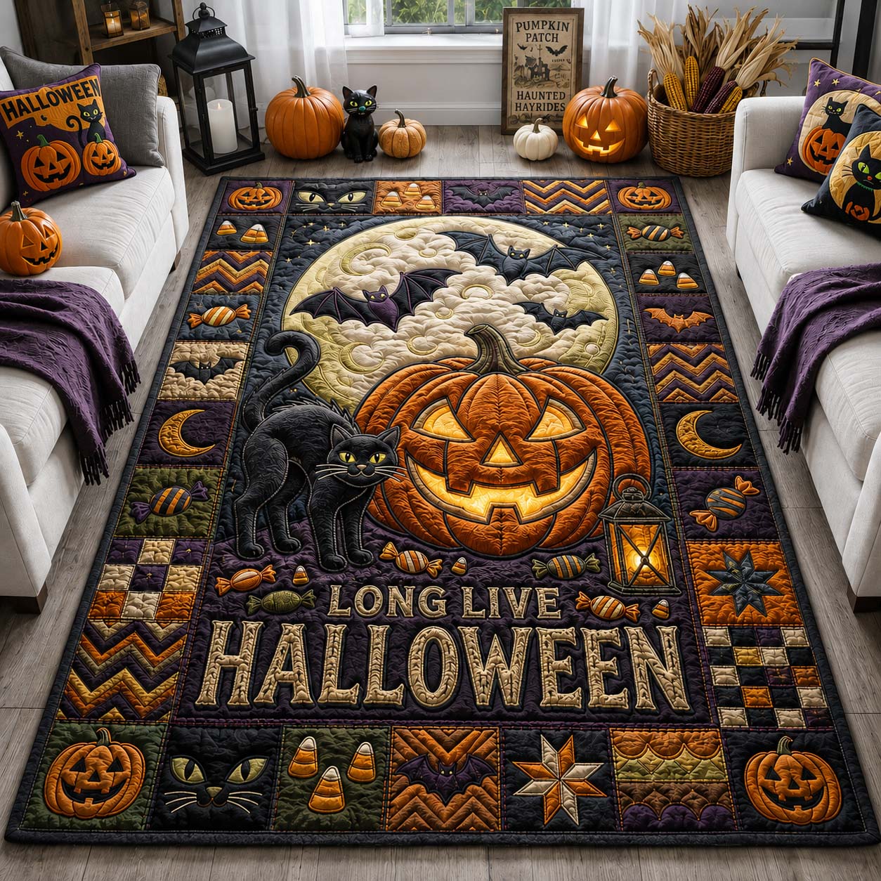 Long Live Halloween area rug in a living room