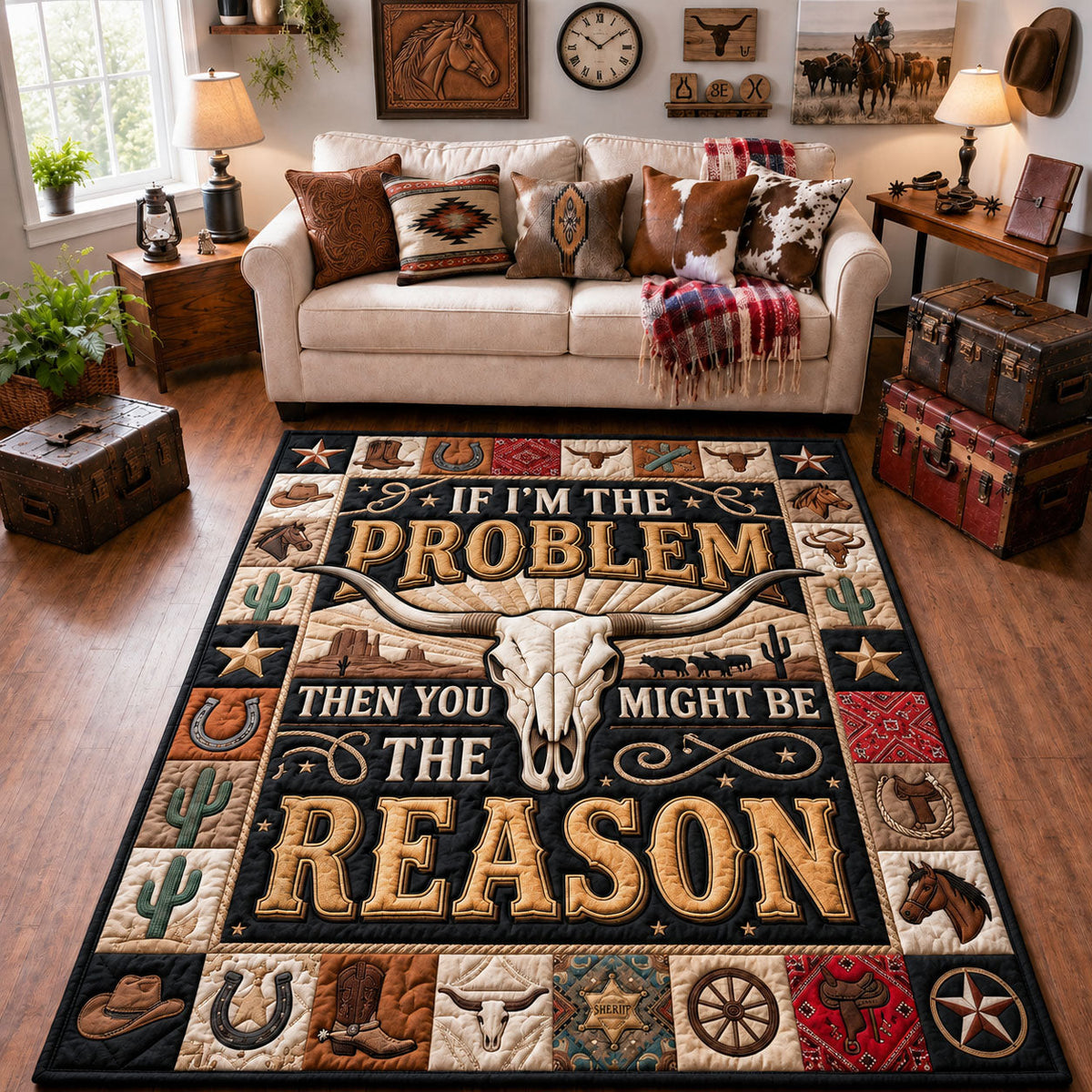 Longhorn Skull area rug in a living room