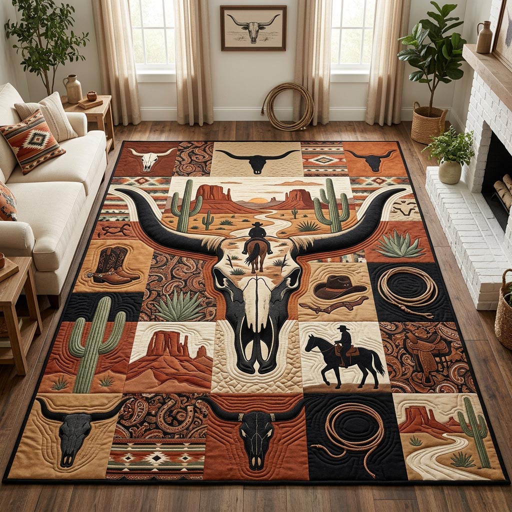 Longhorn Skull Cowboy area rug in a living room