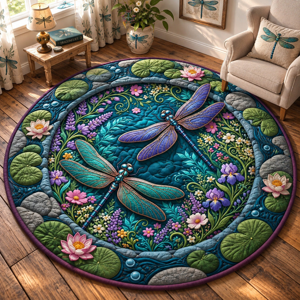Lotus Dragonfly Pond Round Mat Rug - Cute Animal Design | Charming Home Decor - washable non-slip printed rug
