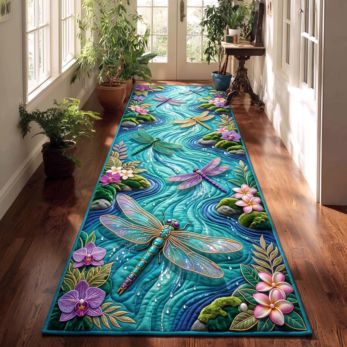 Lotus Dragonfly Runner Rug - Cute Animal Design | Charming Runner Rug - washable non-slip printed rug