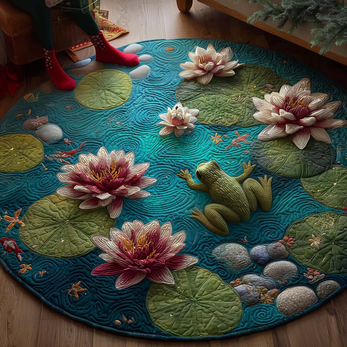 Lotus Frog Round Mat Rug - washable non-slip printed rug