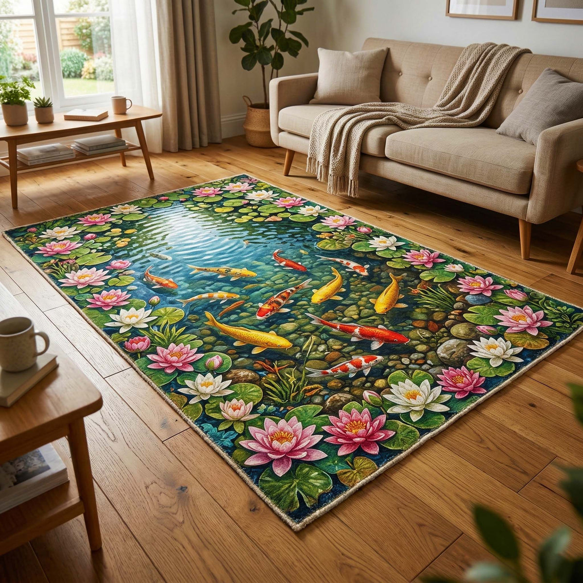 Lotus Koi area rug in a living room