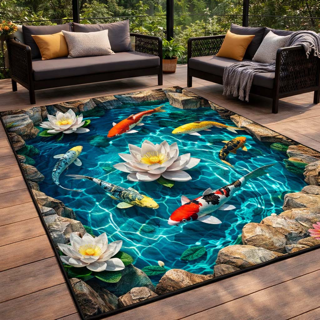 Lotus Koi Pond area rug in a living room