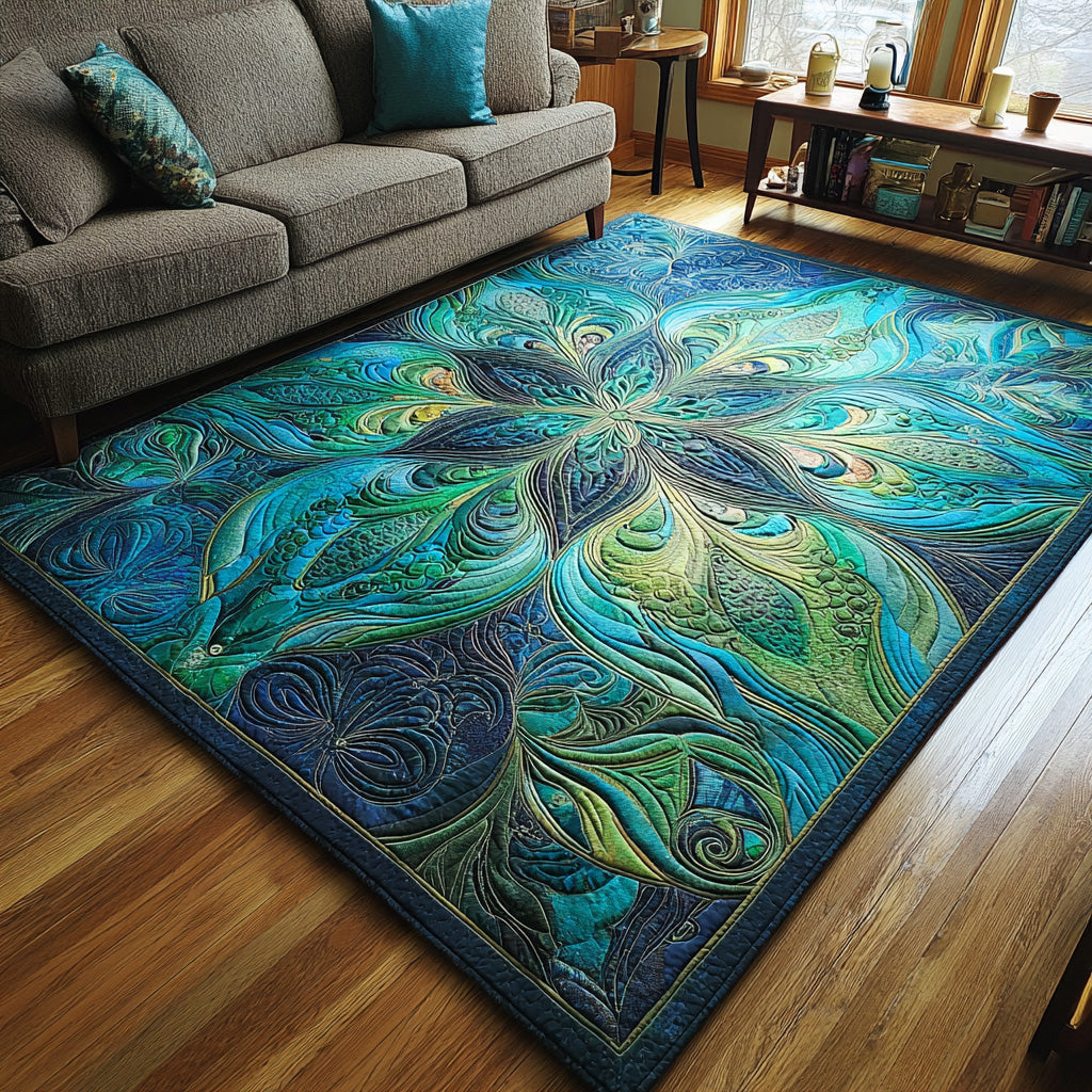 Lotus Tide area rug in a living room