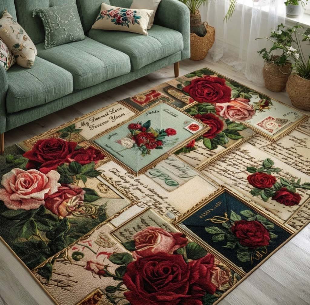 Love Letters area rug in a living room